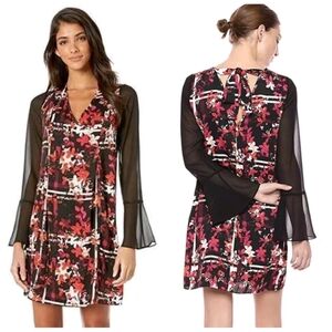 NWT BCBGeneration Bow Back Flare Sleeve Black And Red Floral Women's Small NEW!